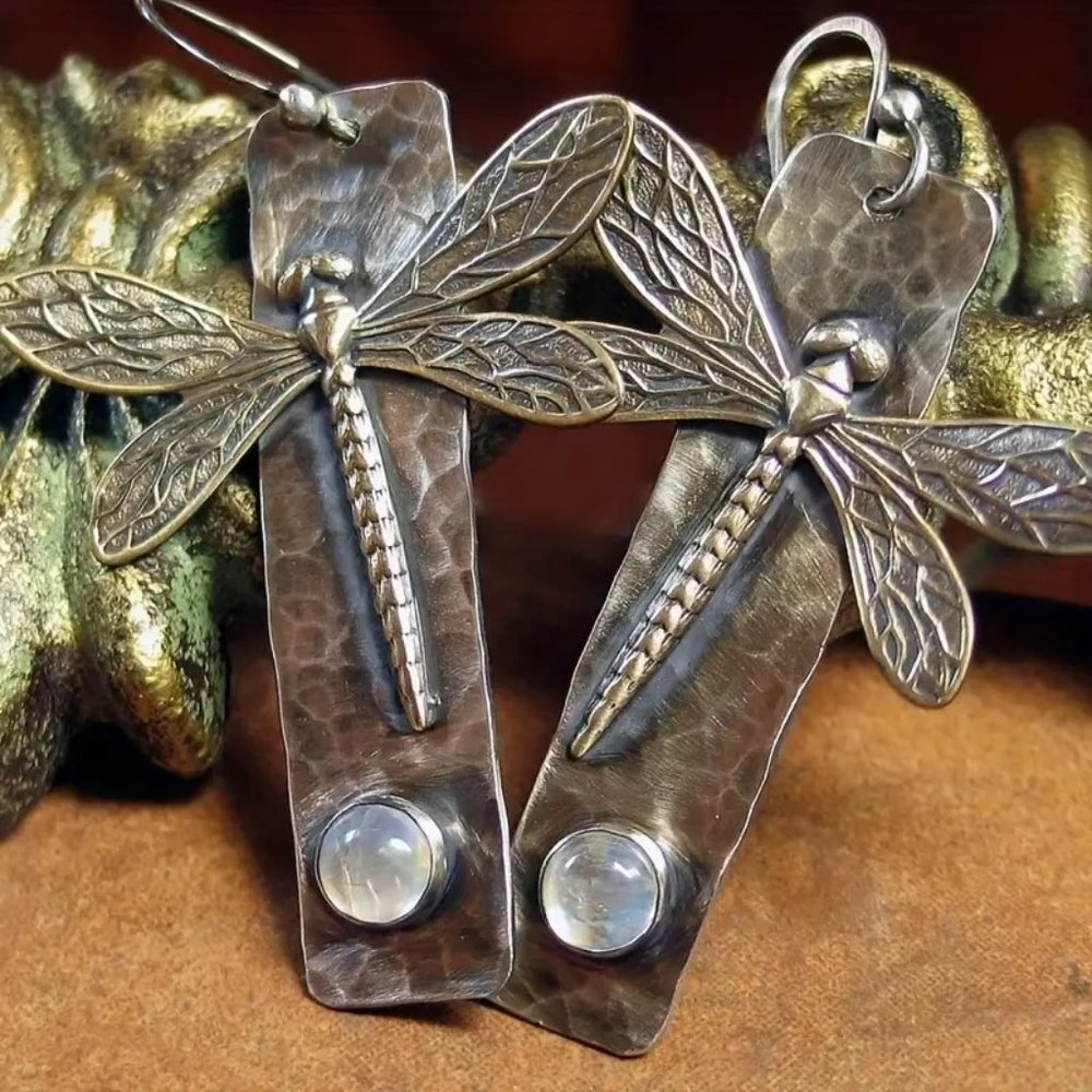Bronze Rectangle Dragonfly Earrings
